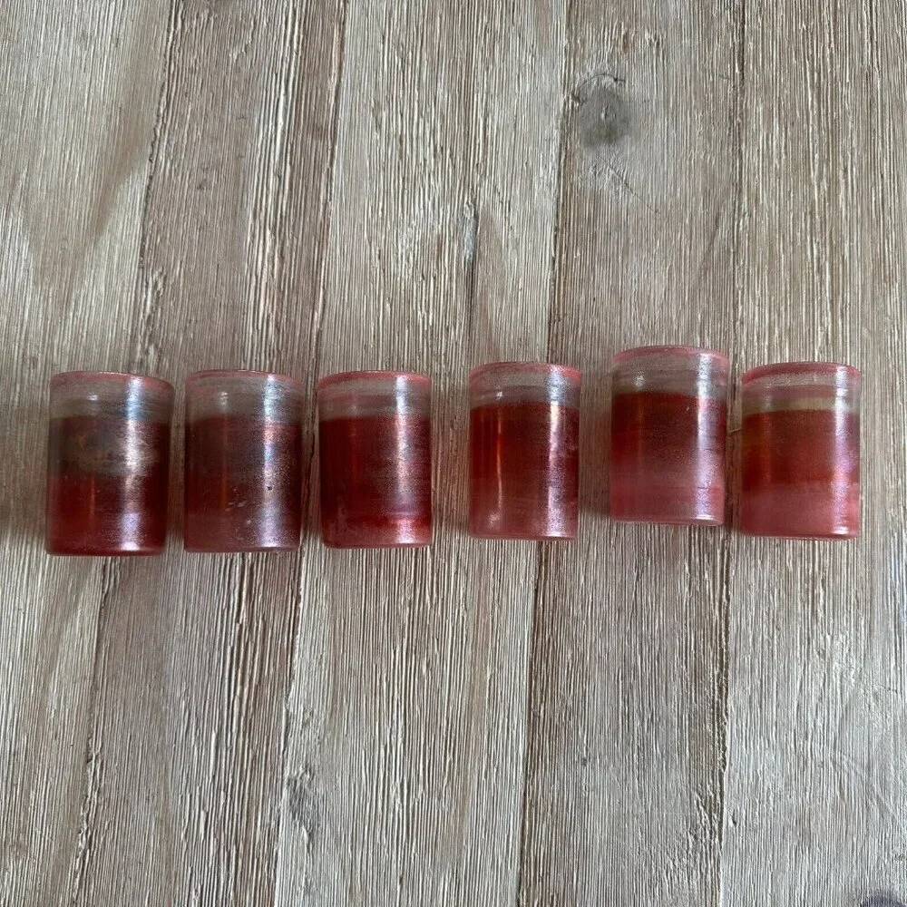 6 Hand Blown Art Glass Shot Glasses Pink Gold Swirl Bohemian Artisan Mid Century